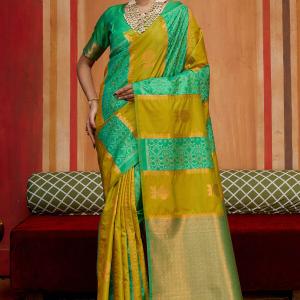 Moiety Mustard Pure Zari Weaving Banarasi Silk Saree With Scintillating Blouse Piece