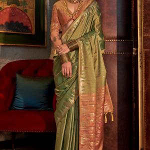 Energetic Mehndi Soft Banarasi Silk Saree With Pretty Blouse Piece