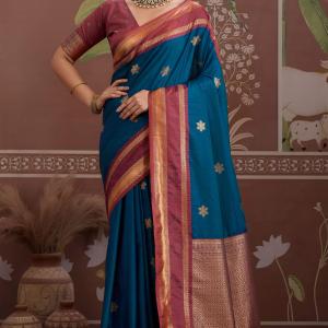 Preferable Navy Blue Banarasi Tussar Silk Saree With Evanescent Blouse Piece
