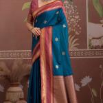 Preferable Navy Blue Banarasi Tussar Silk Saree With Evanescent Blouse Piece