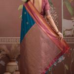 Preferable Navy Blue Banarasi Tussar Silk Saree With Evanescent Blouse Piece