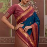 Preferable Navy Blue Banarasi Tussar Silk Saree With Evanescent Blouse Piece