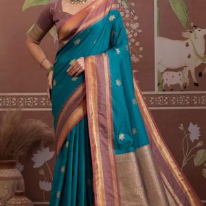 Incredible Blue Banarasi Tussar Silk Saree With Grandiose Blouse Piece