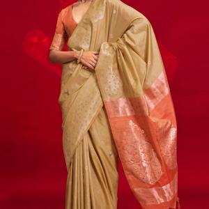 Sempiternal Beige Soft Banarasi Silk Saree With Woebegone Blouse Piece