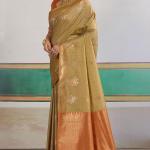 Supernal Beige Banarasi Tussar Silk Saree With Artistic Blouse Piece