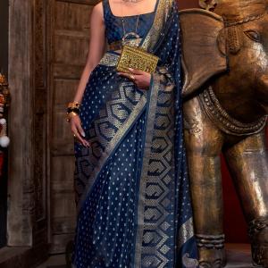 Resplendent Navy Blue Banarasi Satin Silk Saree With Enigmatic Blouse