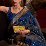 Resplendent Navy Blue Banarasi Satin Silk Saree With Enigmatic Blouse