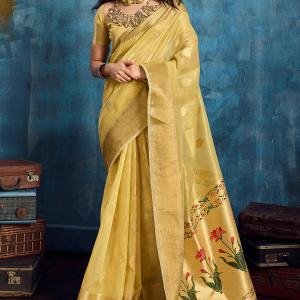 Panoply Yellow Paithani Pure Tissue Silk Saree With Woebegone Blouse Piece