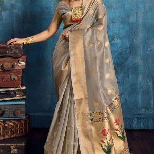 Rhapsodic Grey Paithani Pure Tissue Silk Saree With Bucolic Blouse Piece