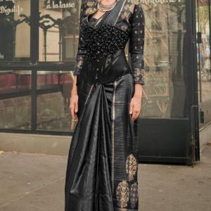 Pretty Black Banarasi Satin Silk Saree With Unequalled Blouse