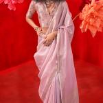 Serendipity Baby Pink Soft Banarasi Tissue Silk Saree With Snappy Blouse Piece