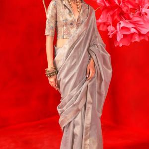 Incomparable Grey Soft Banarasi Tissue Silk Saree With Assemblage Blouse Piece