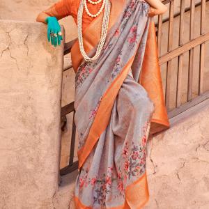 Profuse Grey Digital Printed Cotton Silk Saree With Lagniappe Blouse Piece