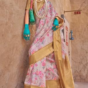 Staggering Beige Digital Printed Cotton Silk Saree With Fragrant Blouse Piece