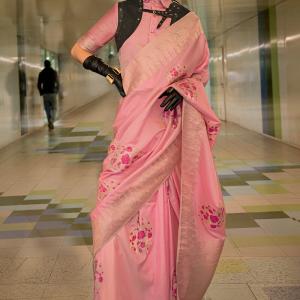 Tantalizing Pink Soft Banarasi Silk Saree With Eclat Blouse Piece