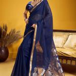 Splendiferous Navy Blue Pure Munga Cotton Silk Saree With Ornate Blouse Piece