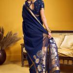 Splendiferous Navy Blue Pure Munga Cotton Silk Saree With Ornate Blouse Piece