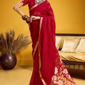 Felicitous Red Pure Munga Cotton Silk Saree With Rhapsody Blouse Piece