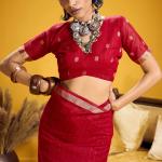 Felicitous Red Pure Munga Cotton Silk Saree With Rhapsody Blouse Piece