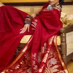 Felicitous Red Pure Munga Cotton Silk Saree With Rhapsody Blouse Piece
