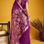 Glowing Purple Pure Munga Cotton Silk Saree With Adorning Blouse Piece