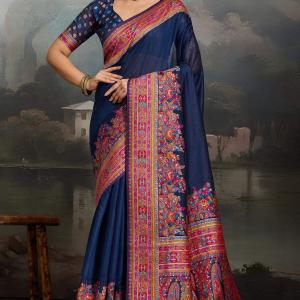 Nectarous Navy Blue Pashmina saree With Transcendent Blouse Piece