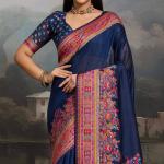Nectarous Navy Blue Pashmina saree With Transcendent Blouse Piece
