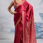 Snazzy Red Ajrakh Printed Satin Silk Saree With Whimsical Blouse Piece