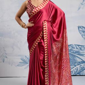 Snazzy Red Ajrakh Printed Satin Silk Saree With Whimsical Blouse Piece