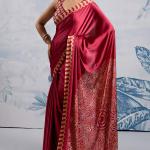 Snazzy Red Ajrakh Printed Satin Silk Saree With Whimsical Blouse Piece