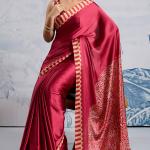 Snazzy Red Ajrakh Printed Satin Silk Saree With Whimsical Blouse Piece