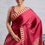 Snazzy Red Ajrakh Printed Satin Silk Saree With Whimsical Blouse Piece