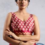 Snazzy Red Ajrakh Printed Satin Silk Saree With Whimsical Blouse Piece