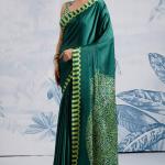 Elision Dark Green Ajrakh Printed Satin Silk Saree With Desiring Blouse Piece