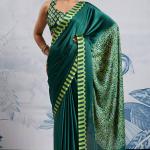 Elision Dark Green Ajrakh Printed Satin Silk Saree With Desiring Blouse Piece