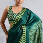 Elision Dark Green Ajrakh Printed Satin Silk Saree With Desiring Blouse Piece