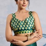 Elision Dark Green Ajrakh Printed Satin Silk Saree With Desiring Blouse Piece