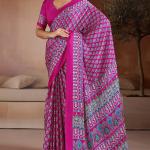 Trendy Dark Pink Ajrakh Printed Satin Silk Saree With Glorious Blouse Piece