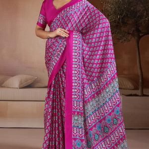 Trendy Dark Pink Ajrakh Printed Satin Silk Saree With Glorious Blouse Piece