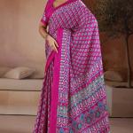 Trendy Dark Pink Ajrakh Printed Satin Silk Saree With Glorious Blouse Piece