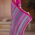 Trendy Dark Pink Ajrakh Printed Satin Silk Saree With Glorious Blouse Piece