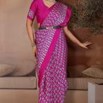 Trendy Dark Pink Ajrakh Printed Satin Silk Saree With Glorious Blouse Piece