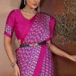 Trendy Dark Pink Ajrakh Printed Satin Silk Saree With Glorious Blouse Piece