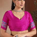 Trendy Dark Pink Ajrakh Printed Satin Silk Saree With Glorious Blouse Piece