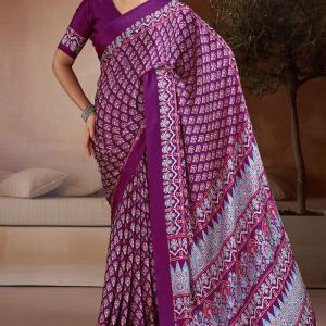 Lissome Purple Ajrakh Printed Satin Silk Saree With Desultory Blouse Piece
