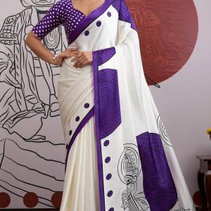 Palimpsest Off White and Purple Ajrakh Printed Satin Silk Saree With Precious Blouse Piece