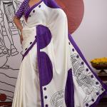 Palimpsest Off White and Purple Ajrakh Printed Satin Silk Saree With Precious Blouse Piece
