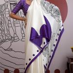 Palimpsest Off White and Purple Ajrakh Printed Satin Silk Saree With Precious Blouse Piece
