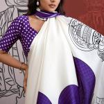 Palimpsest Off White and Purple Ajrakh Printed Satin Silk Saree With Precious Blouse Piece