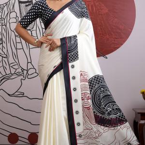 Woebegone Off White and Black Ajrakh Printed Satin Silk Saree With Lovely Blouse Piece